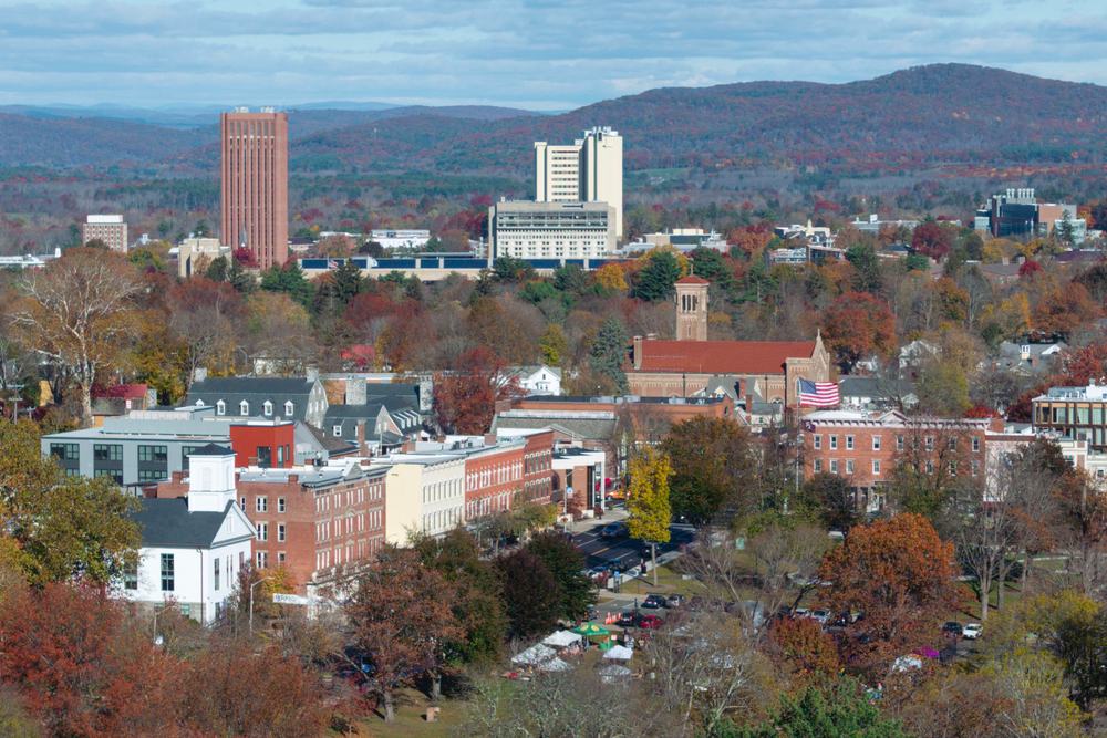 Aerial view of downtown Amherst, Massachusetts
