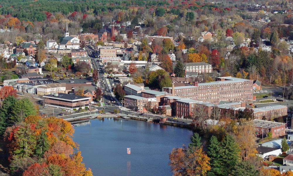 Aerial view of Easthampton, Massachusetts with Mount Tom in the distance