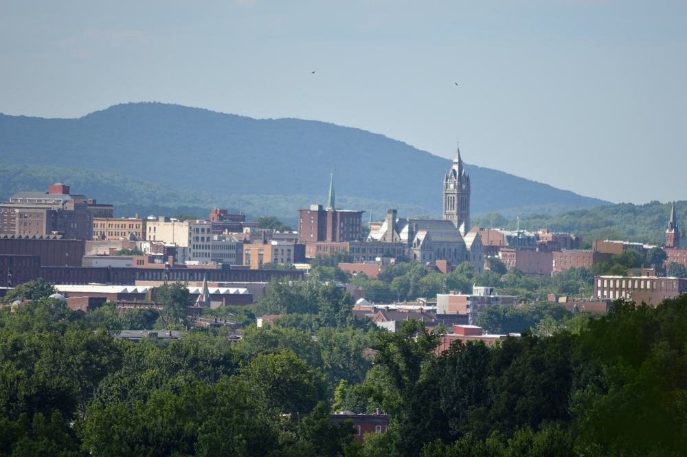 Holyoke, Massachusetts skyline with mill buildings and church steeples