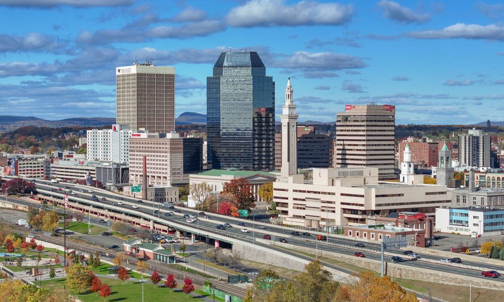 Downtown Springfield, Massachusetts skyline along the Connecticut River
